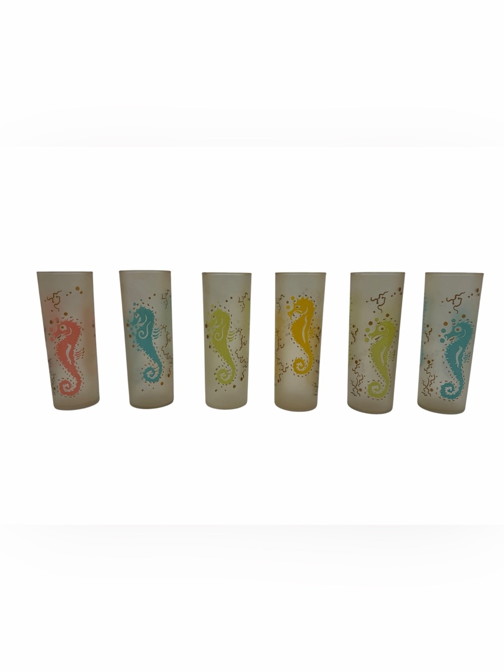 Lot 6 Federal Glass Seahorses MCM Frosted Barware Tom Collins Tall Tumblers.